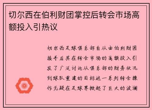 切尔西在伯利财团掌控后转会市场高额投入引热议